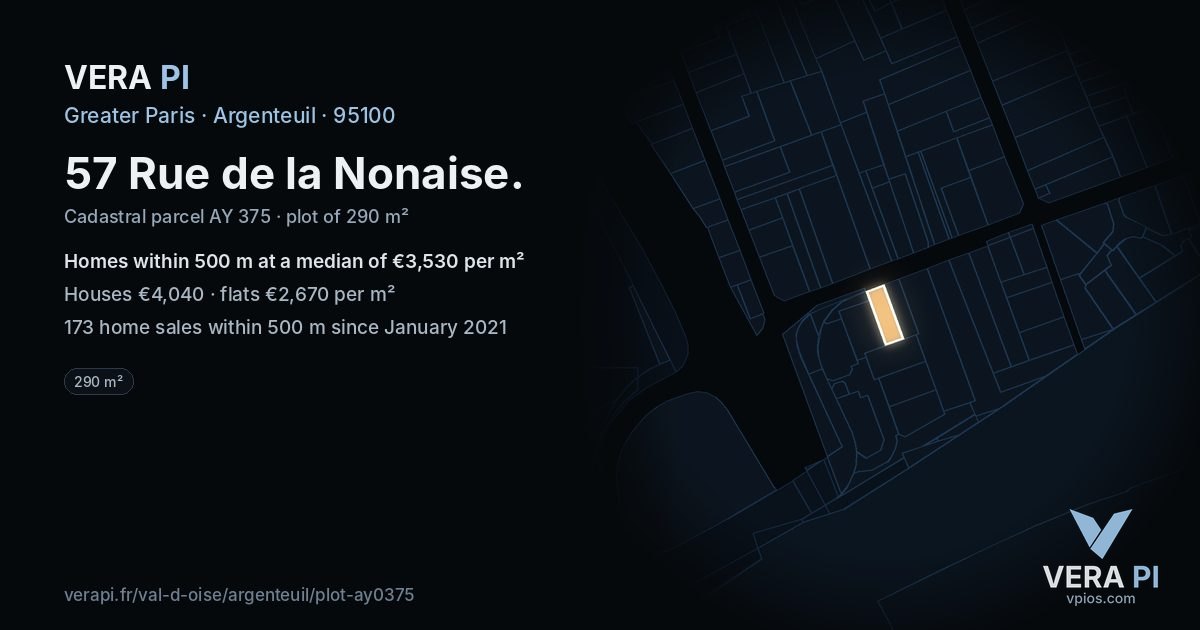 57 Rue de la Nonaise, Argenteuil at night – the plot lit, the parcels around coloured by the prices near them