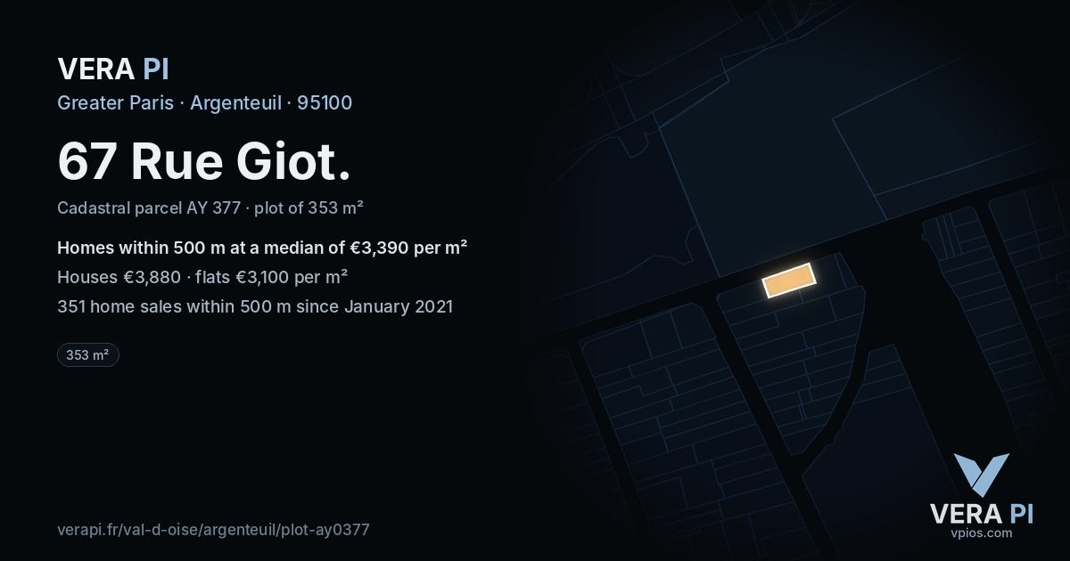 67 Rue Giot, Argenteuil at night – the plot lit, the parcels around coloured by the prices near them