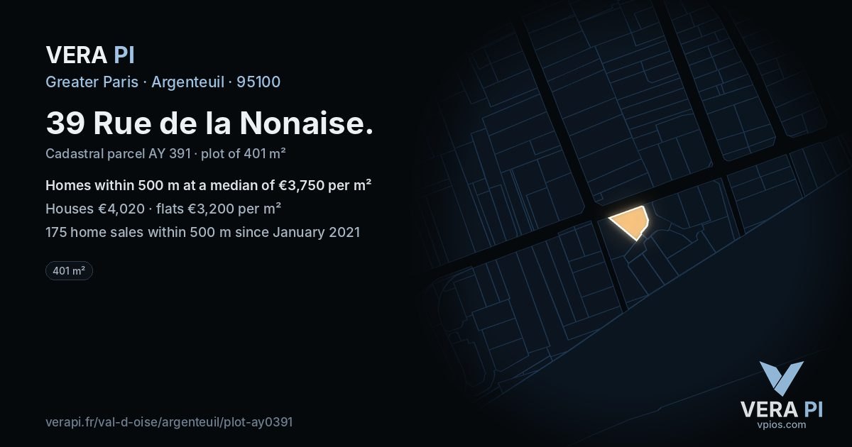 39 Rue de la Nonaise, Argenteuil at night – the plot lit, the parcels around coloured by the prices near them