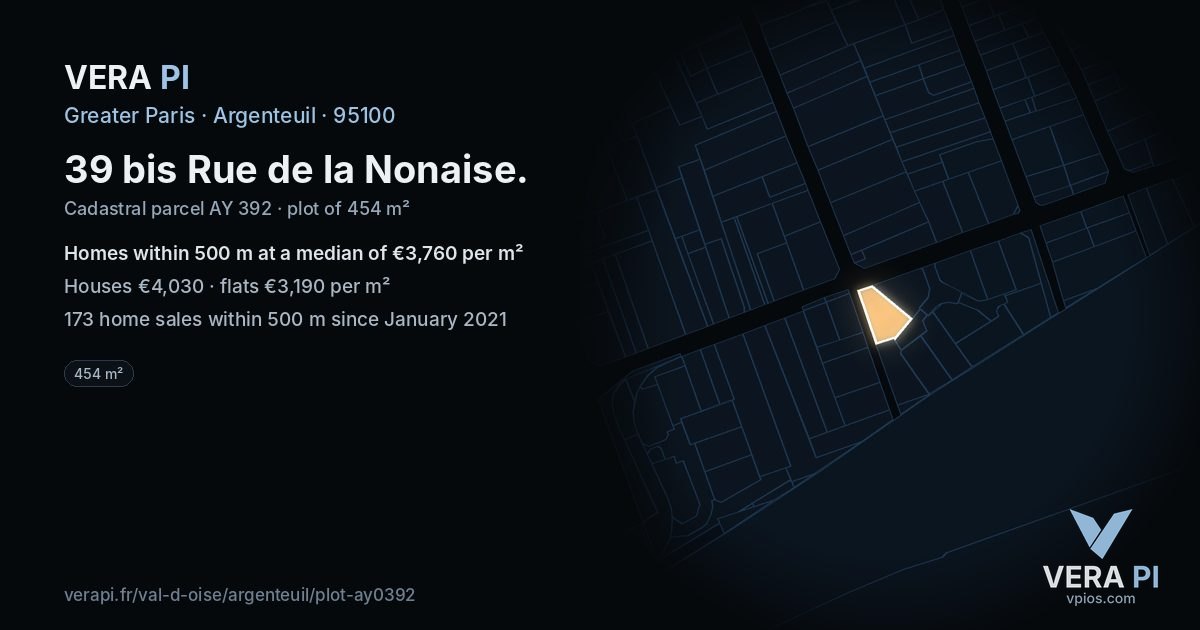 39 bis Rue de la Nonaise, Argenteuil at night – the plot lit, the parcels around coloured by the prices near them