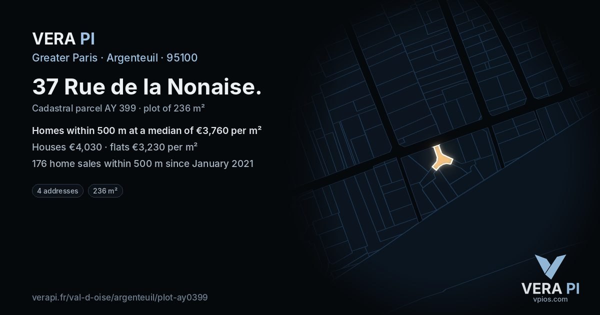 37 Rue de la Nonaise, Argenteuil at night – the plot lit, the parcels around coloured by the prices near them