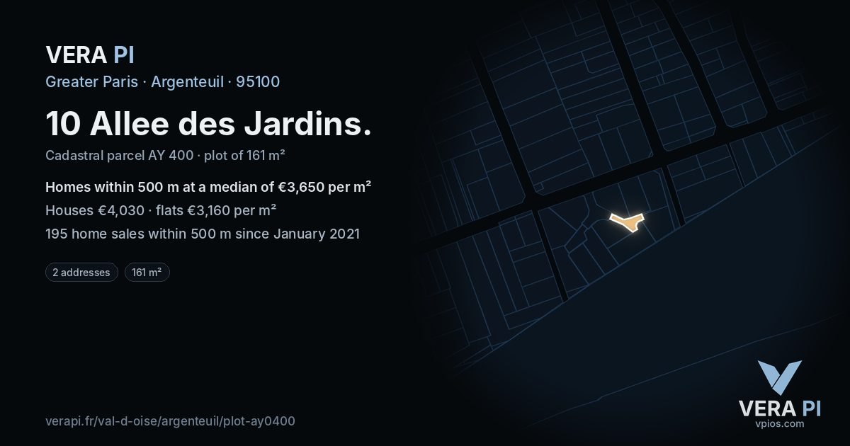 10 Allee des Jardins, Argenteuil at night – the plot lit, the parcels around coloured by the prices near them