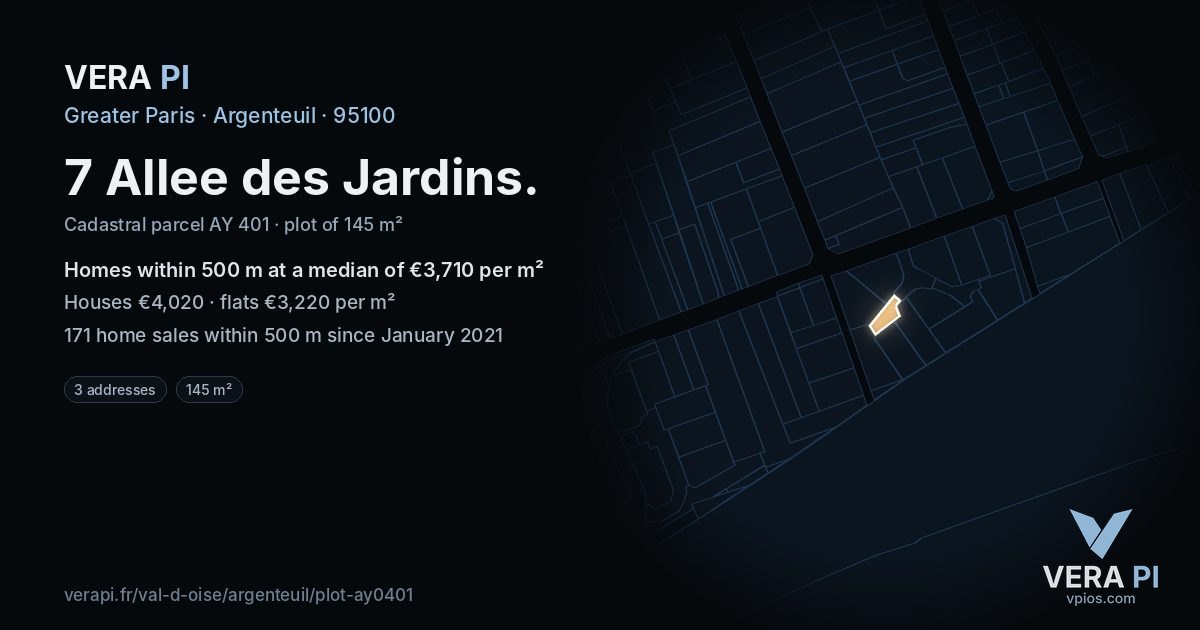 7 Allee des Jardins, Argenteuil at night – the plot lit, the parcels around coloured by the prices near them