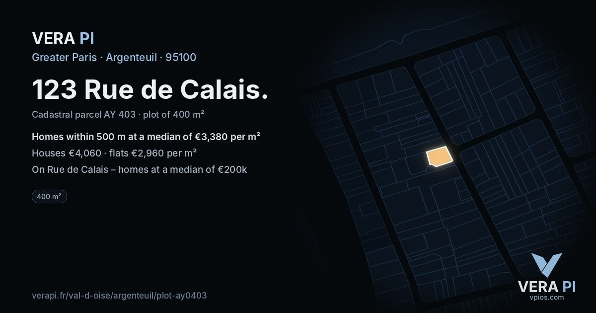 123 Rue de Calais, Argenteuil at night – the plot lit, the parcels around coloured by the prices near them