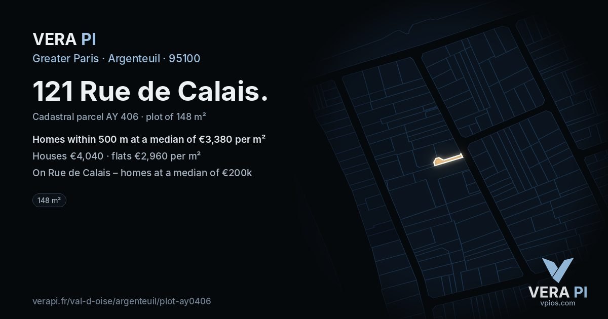 121 Rue de Calais, Argenteuil at night – the plot lit, the parcels around coloured by the prices near them