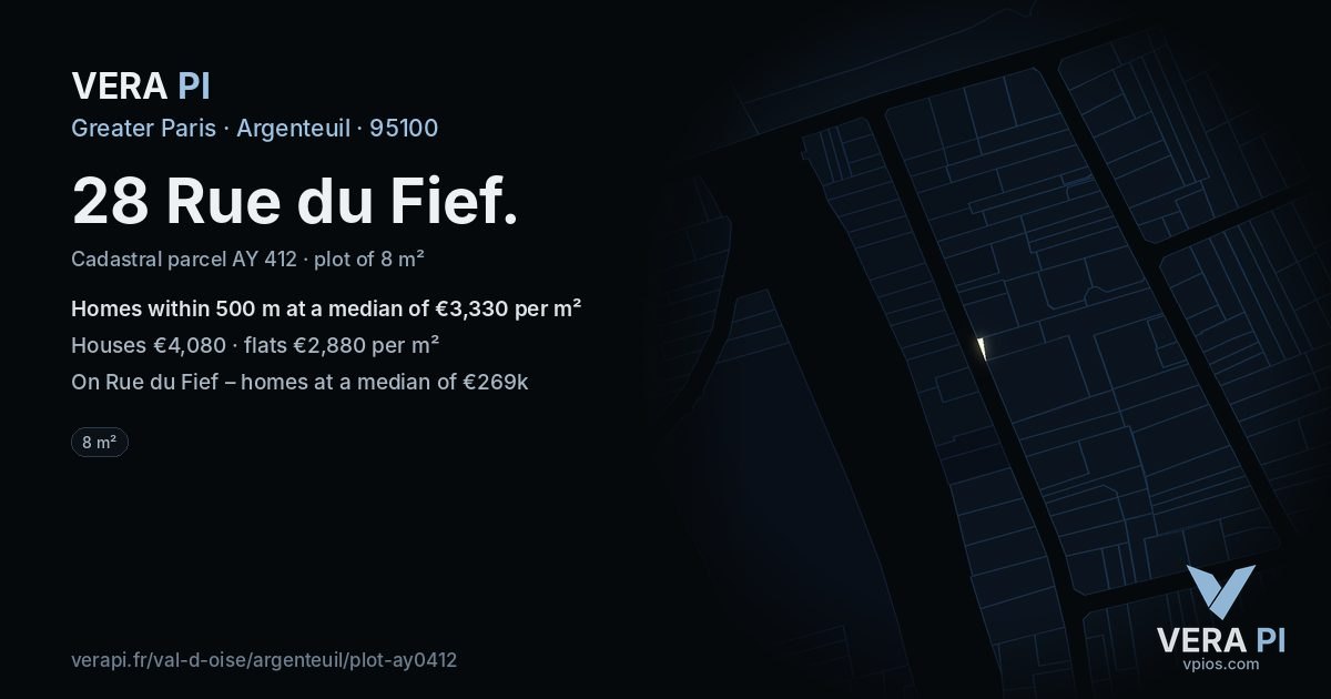 28 Rue du Fief, Argenteuil at night – the plot lit, the parcels around coloured by the prices near them