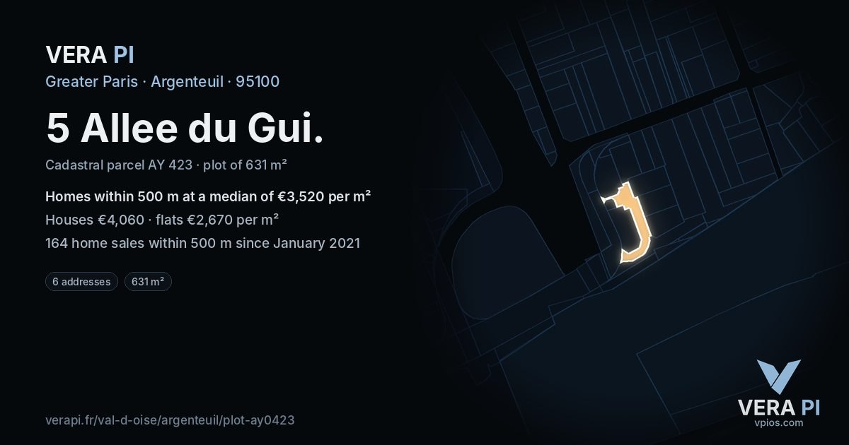 5 Allee du Gui, Argenteuil at night – the plot lit, the parcels around coloured by the prices near them
