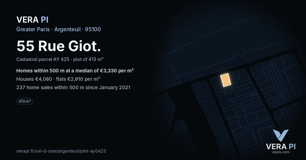 55 Rue Giot, Argenteuil at night – the plot lit, the parcels around coloured by the prices near them