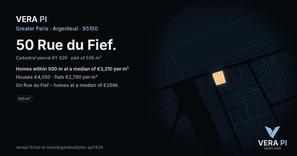 50 Rue du Fief, Argenteuil at night – the plot lit, the parcels around coloured by the prices near them