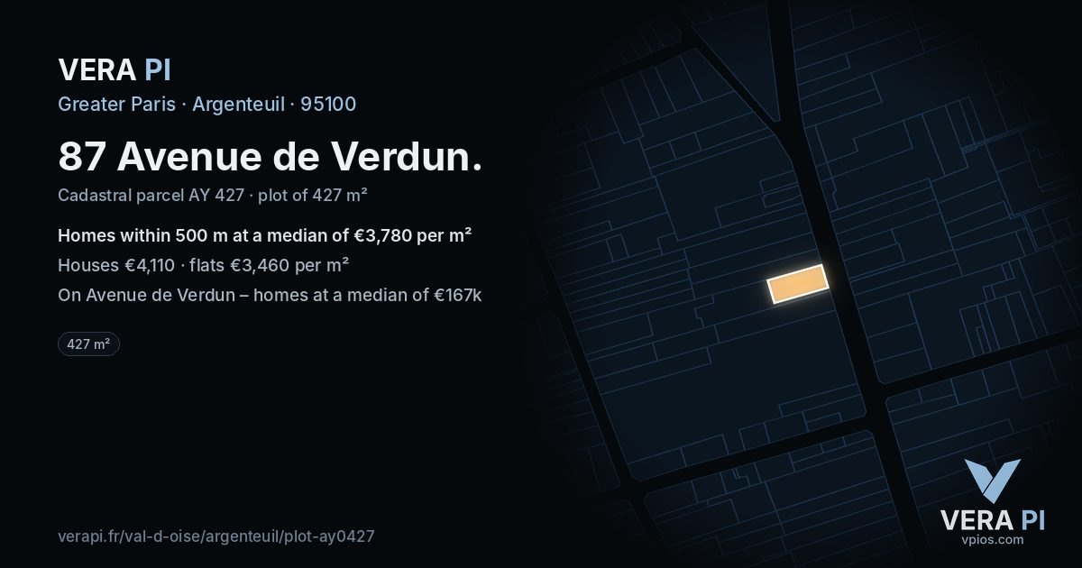 87 Avenue de Verdun, Argenteuil at night – the plot lit, the parcels around coloured by the prices near them