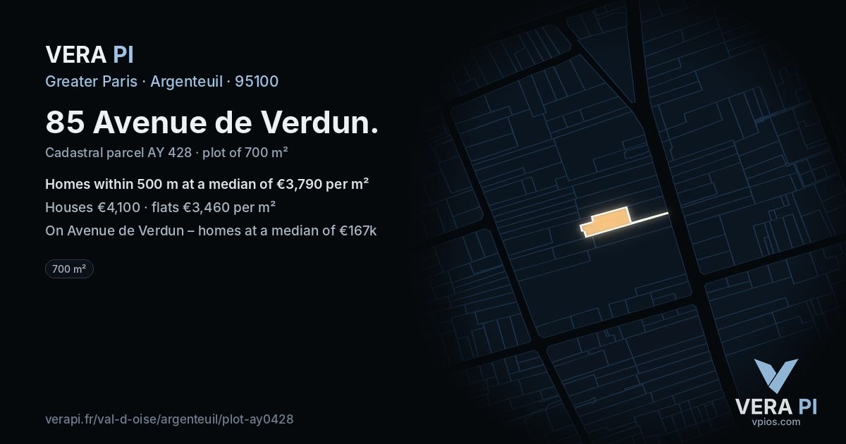 85 Avenue de Verdun, Argenteuil at night – the plot lit, the parcels around coloured by the prices near them