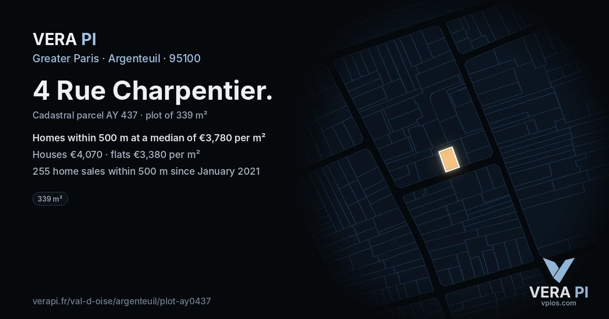 4 Rue Charpentier, Argenteuil at night – the plot lit, the parcels around coloured by the prices near them