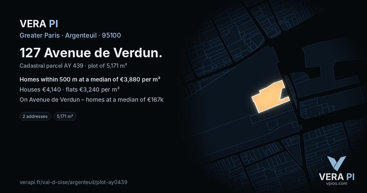 127 Avenue de Verdun, Argenteuil at night – the plot lit, the parcels around coloured by the prices near them