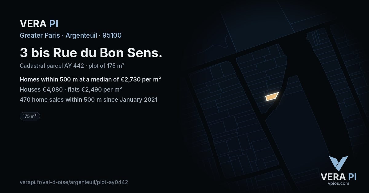 3 bis Rue du Bon Sens, Argenteuil at night – the plot lit, the parcels around coloured by the prices near them