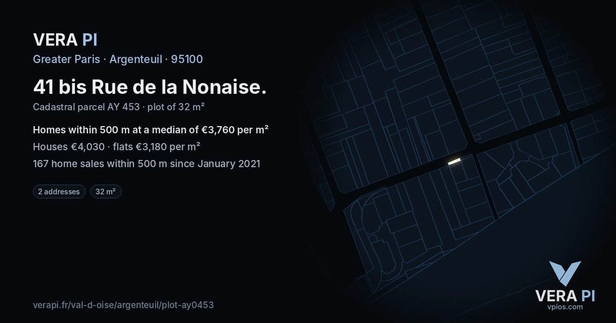 41 bis Rue de la Nonaise, Argenteuil at night – the plot lit, the parcels around coloured by the prices near them