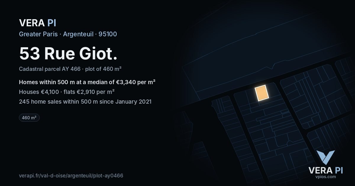 53 Rue Giot, Argenteuil at night – the plot lit, the parcels around coloured by the prices near them