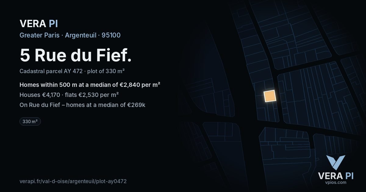 5 Rue du Fief, Argenteuil at night – the plot lit, the parcels around coloured by the prices near them