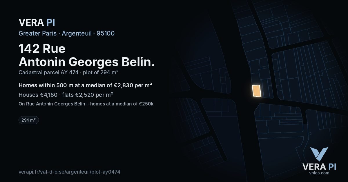 142 Rue Antonin Georges Belin, Argenteuil at night – the plot lit, the parcels around coloured by the prices near them