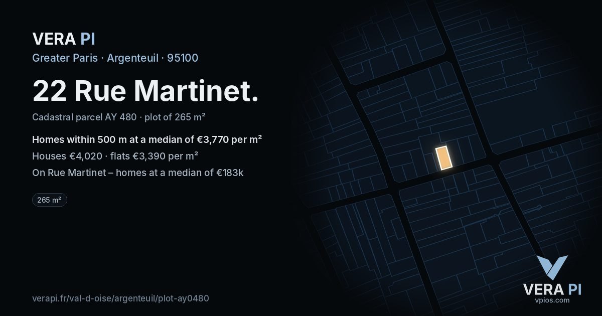 22 Rue Martinet, Argenteuil at night – the plot lit, the parcels around coloured by the prices near them