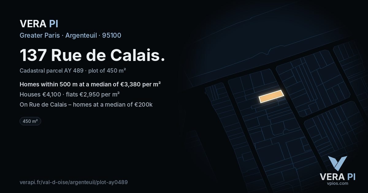 137 Rue de Calais, Argenteuil at night – the plot lit, the parcels around coloured by the prices near them
