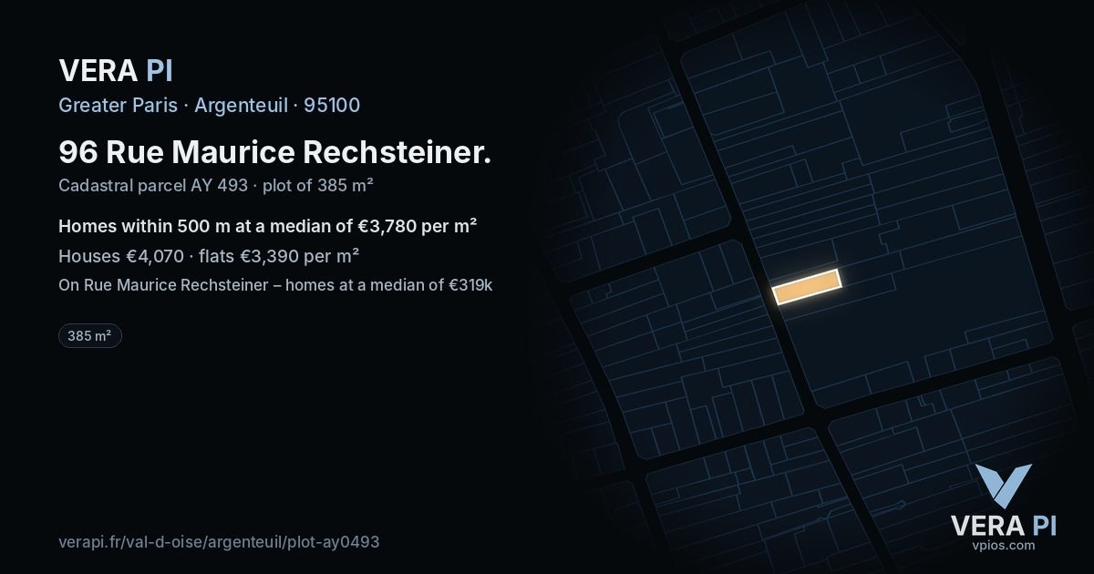 96 Rue Maurice Rechsteiner, Argenteuil at night – the plot lit, the parcels around coloured by the prices near them