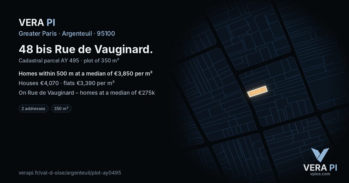 48 bis Rue de Vauginard, Argenteuil at night – the plot lit, the parcels around coloured by the prices near them