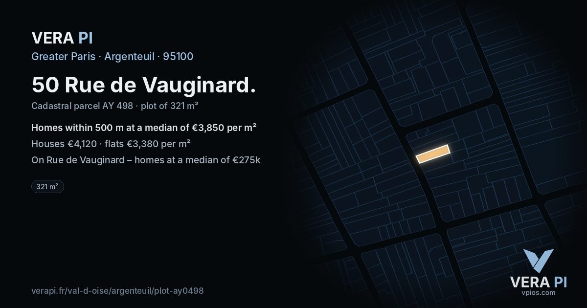 50 Rue de Vauginard, Argenteuil at night – the plot lit, the parcels around coloured by the prices near them