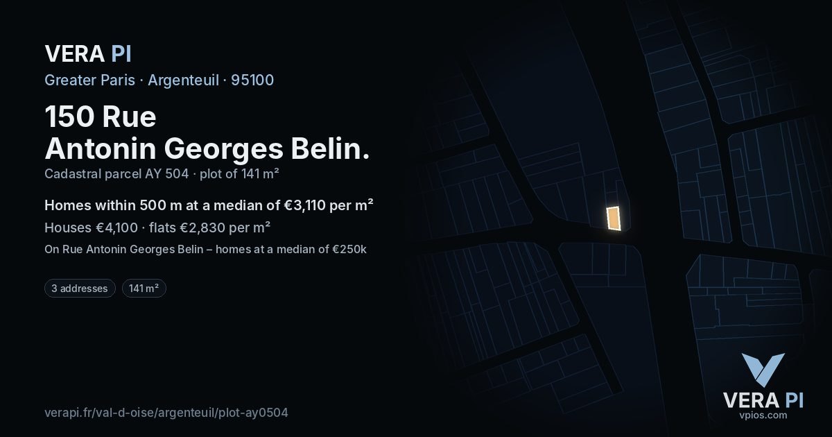 150 Rue Antonin Georges Belin, Argenteuil at night – the plot lit, the parcels around coloured by the prices near them