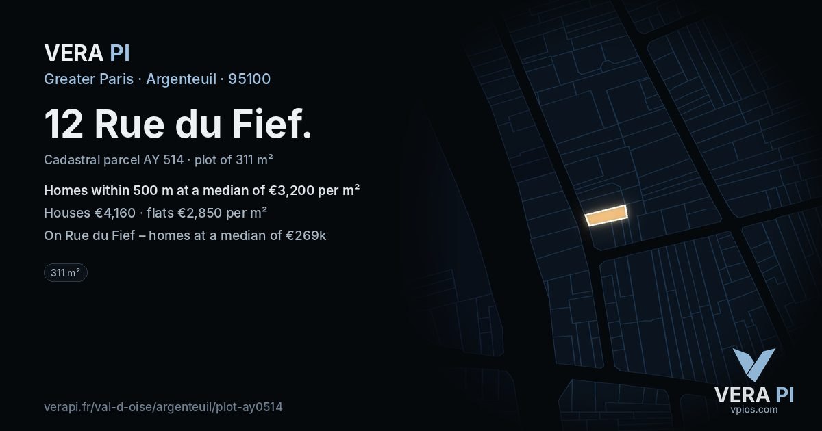 12 Rue du Fief, Argenteuil at night – the plot lit, the parcels around coloured by the prices near them