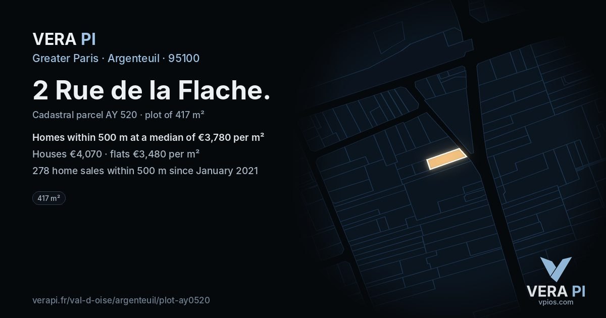 2 Rue de la Flache, Argenteuil at night – the plot lit, the parcels around coloured by the prices near them