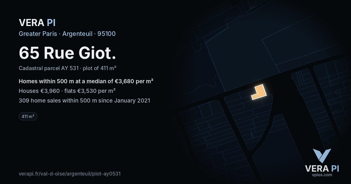 65 Rue Giot, Argenteuil at night – the plot lit, the parcels around coloured by the prices near them