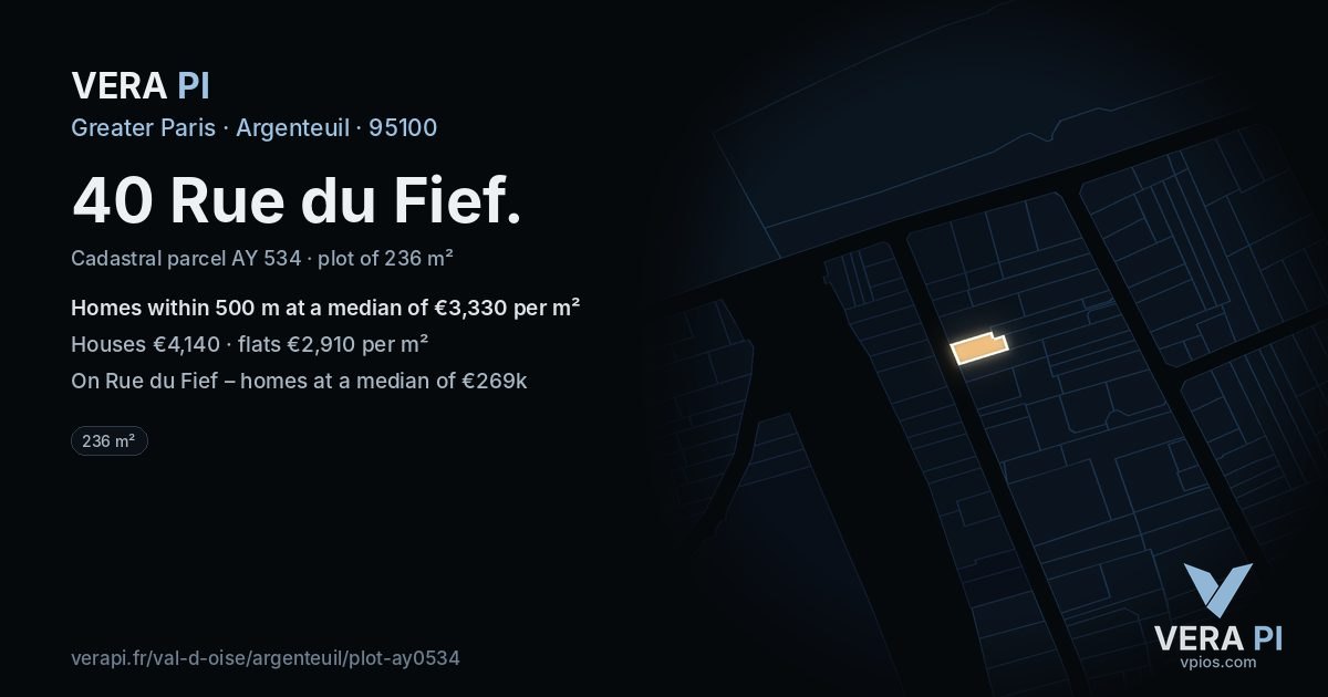 40 Rue du Fief, Argenteuil at night – the plot lit, the parcels around coloured by the prices near them