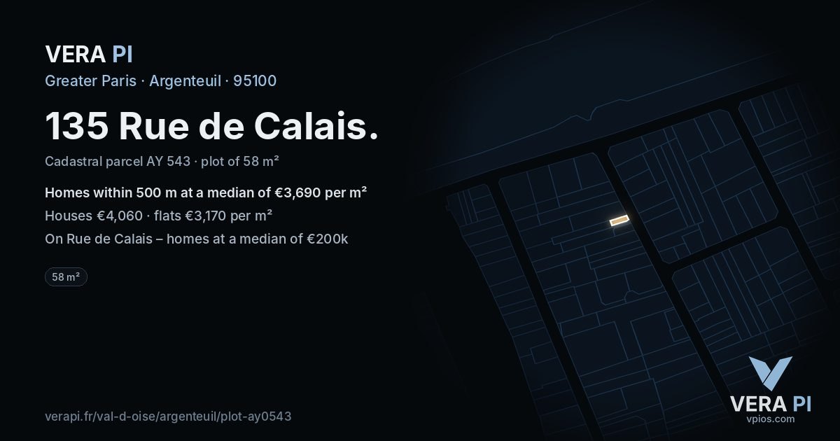 135 Rue de Calais, Argenteuil at night – the plot lit, the parcels around coloured by the prices near them