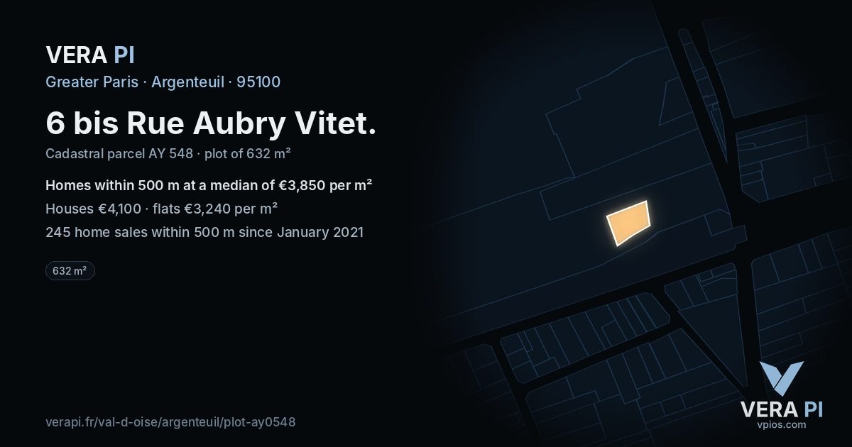 6 bis Rue Aubry Vitet, Argenteuil at night – the plot lit, the parcels around coloured by the prices near them