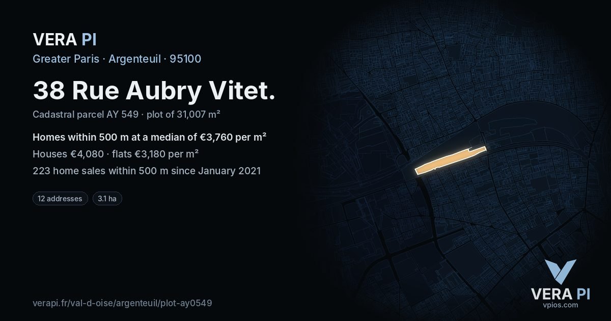 38 Rue Aubry Vitet, Argenteuil at night – the plot lit, the parcels around coloured by the prices near them