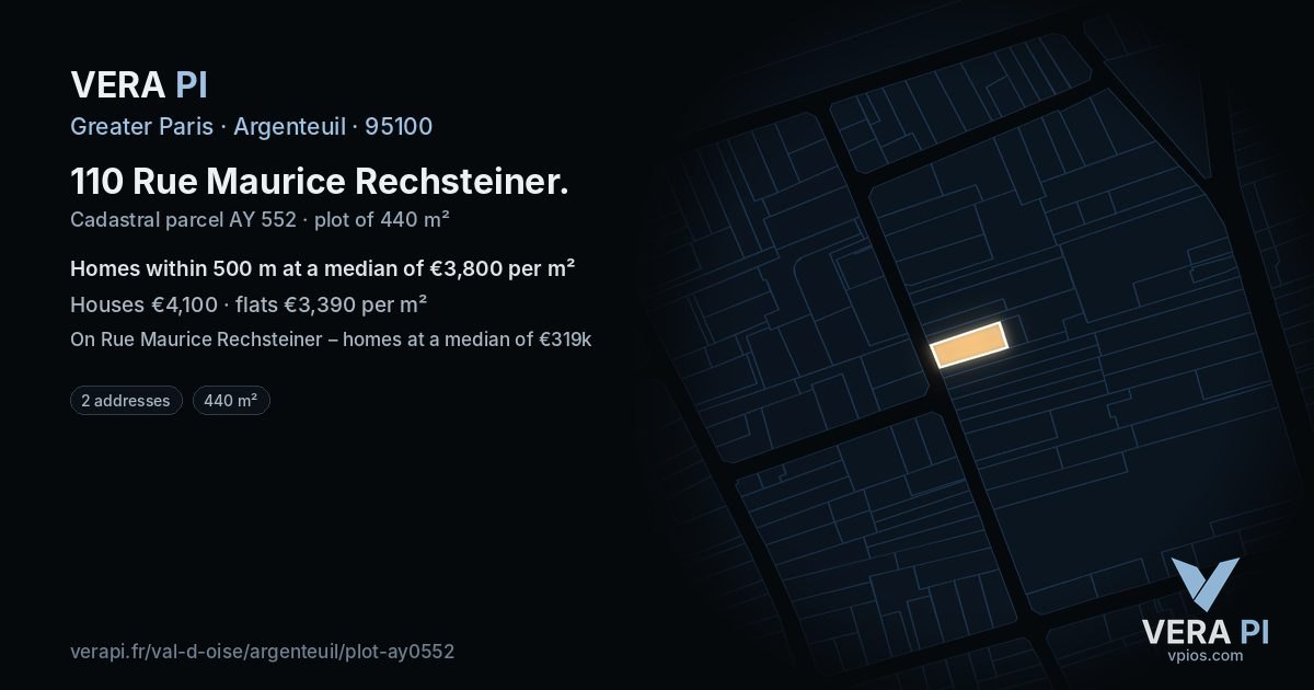 110 Rue Maurice Rechsteiner, Argenteuil at night – the plot lit, the parcels around coloured by the prices near them
