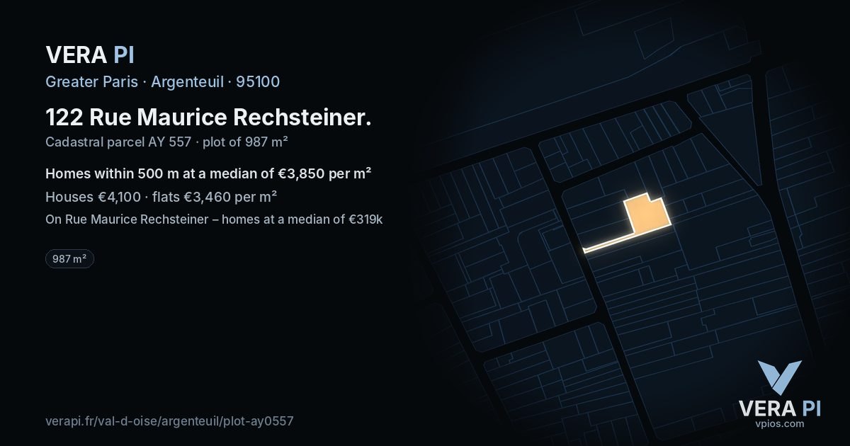 122 Rue Maurice Rechsteiner, Argenteuil at night – the plot lit, the parcels around coloured by the prices near them