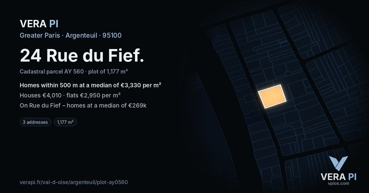 24 Rue du Fief, Argenteuil at night – the plot lit, the parcels around coloured by the prices near them