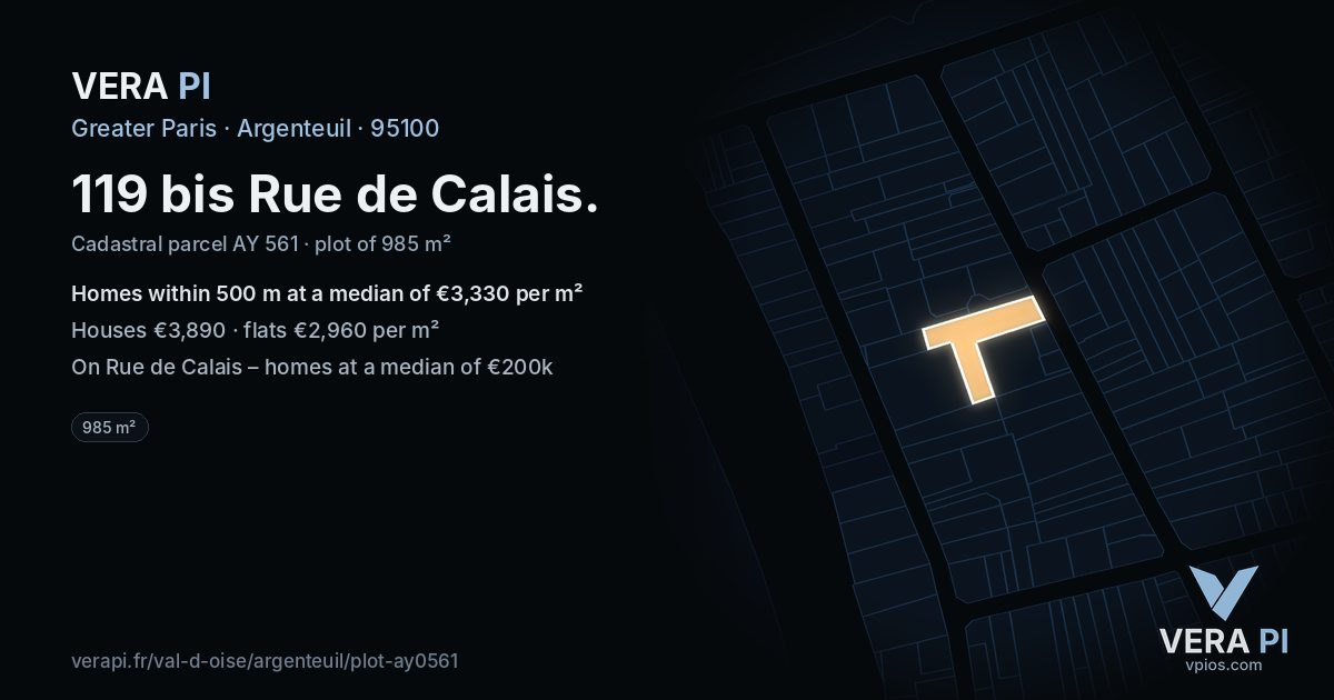 119 bis Rue de Calais, Argenteuil at night – the plot lit, the parcels around coloured by the prices near them
