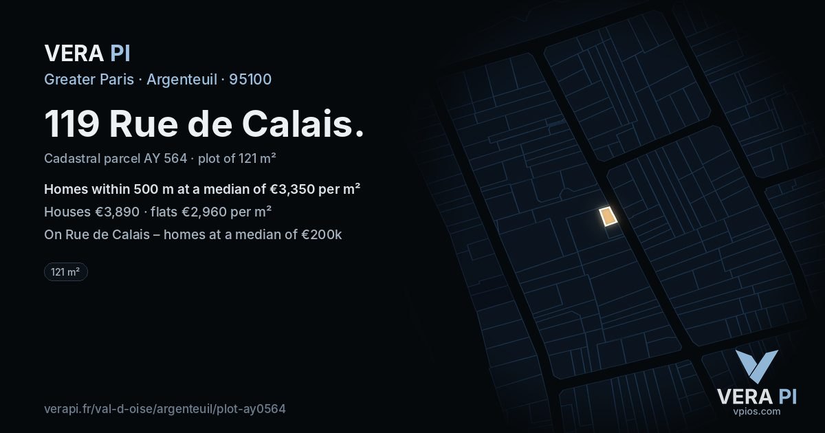 119 Rue de Calais, Argenteuil at night – the plot lit, the parcels around coloured by the prices near them