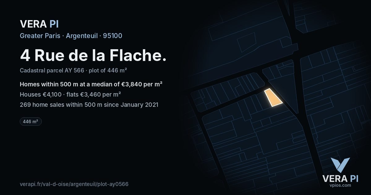 4 Rue de la Flache, Argenteuil at night – the plot lit, the parcels around coloured by the prices near them