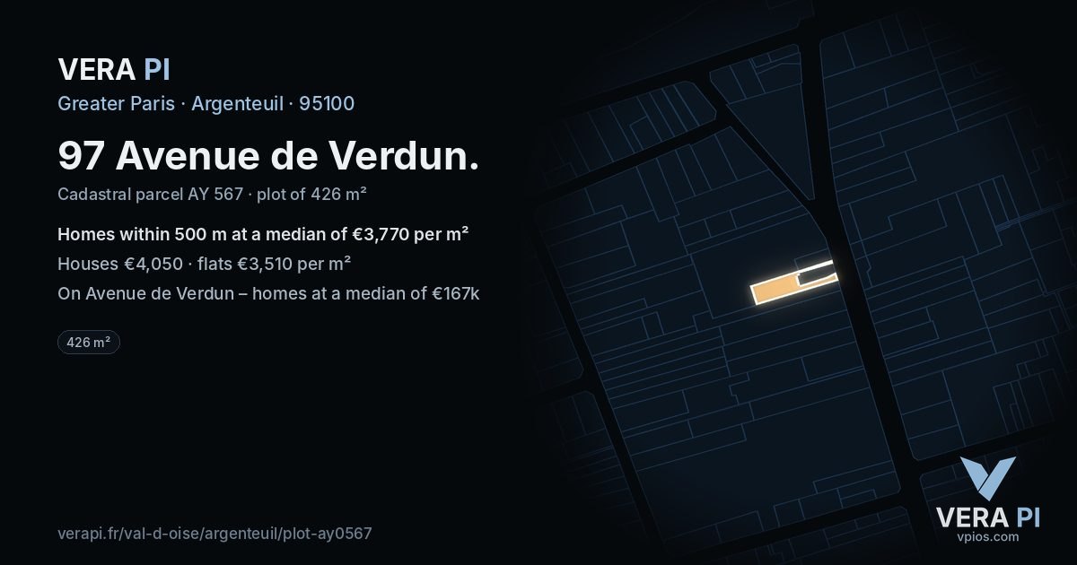 97 Avenue de Verdun, Argenteuil at night – the plot lit, the parcels around coloured by the prices near them