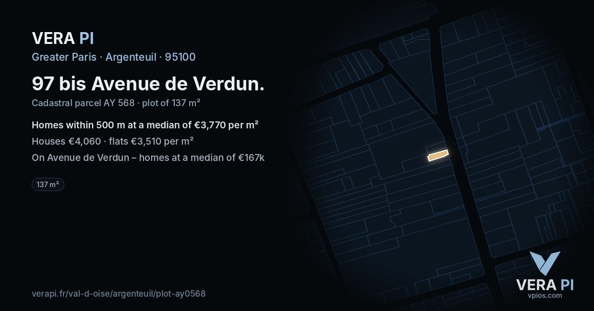 97 bis Avenue de Verdun, Argenteuil at night – the plot lit, the parcels around coloured by the prices near them