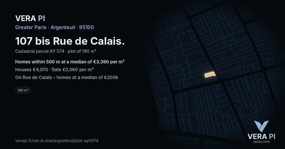107 bis Rue de Calais, Argenteuil at night – the plot lit, the parcels around coloured by the prices near them