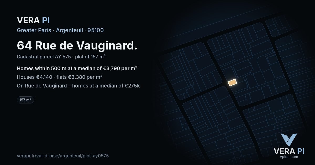 64 Rue de Vauginard, Argenteuil at night – the plot lit, the parcels around coloured by the prices near them