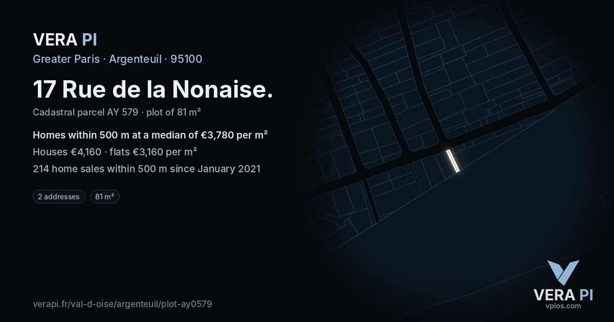 17 Rue de la Nonaise, Argenteuil at night – the plot lit, the parcels around coloured by the prices near them