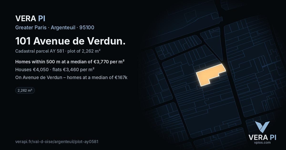 101 Avenue de Verdun, Argenteuil at night – the plot lit, the parcels around coloured by the prices near them