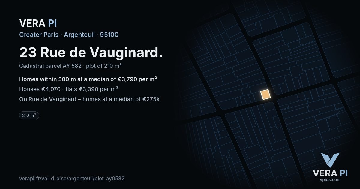 23 Rue de Vauginard, Argenteuil at night – the plot lit, the parcels around coloured by the prices near them