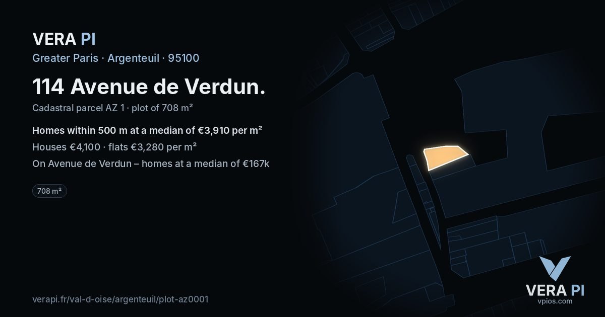 114 Avenue de Verdun, Argenteuil at night – the plot lit, the parcels around coloured by the prices near them