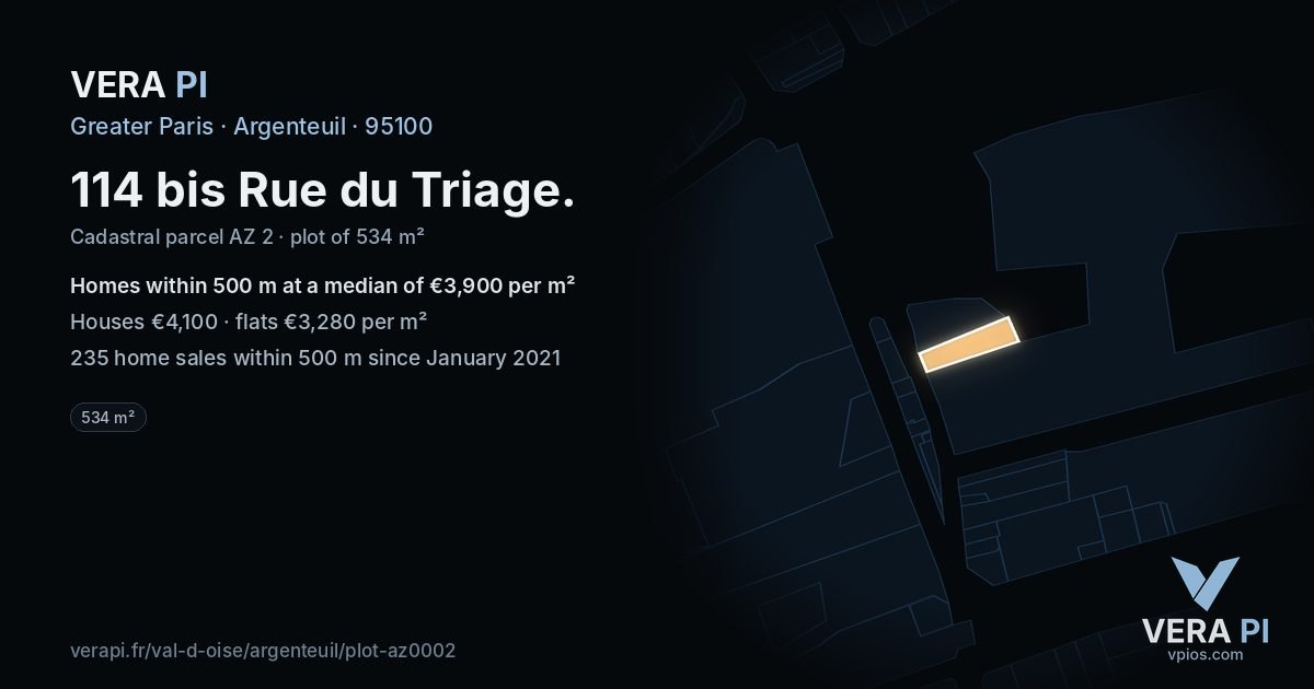 114 bis Rue du Triage, Argenteuil at night – the plot lit, the parcels around coloured by the prices near them